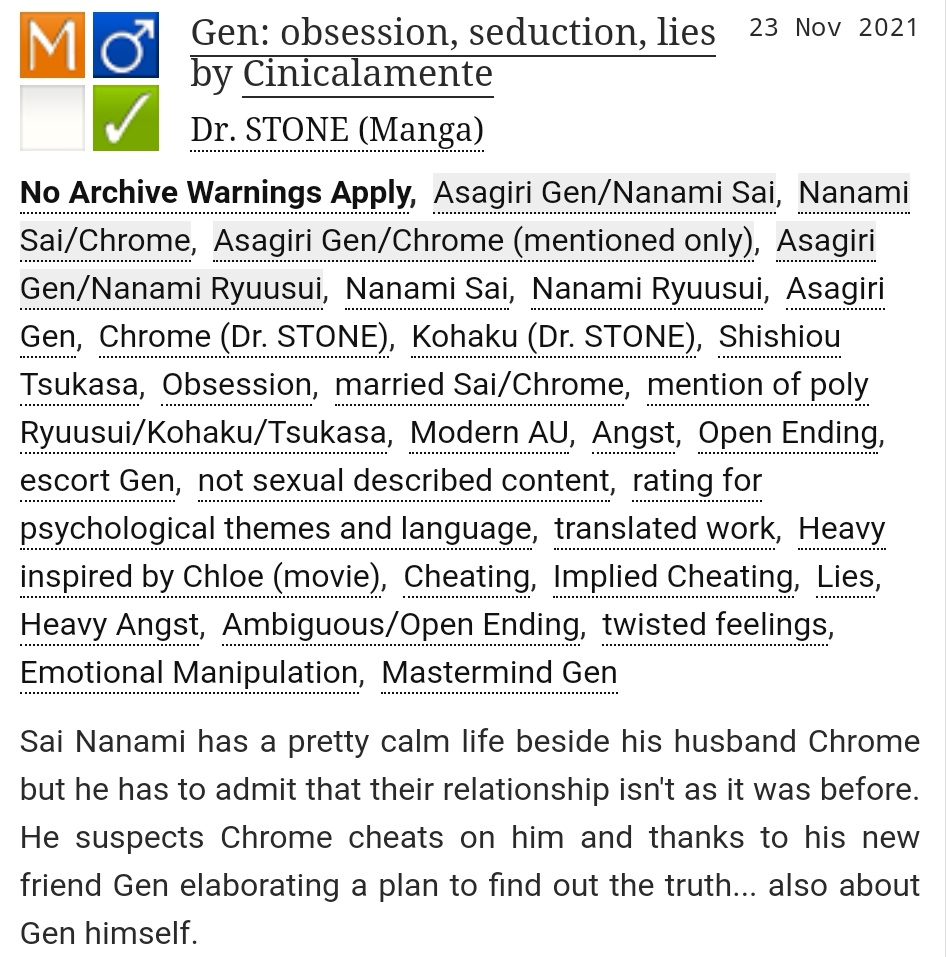 cinicalamente's tweet photo. Day 5 - Angst 💔
• SaiGen, GenChrome, (SaiChrome), RyuuGen
Cw: cheating, manipulation, twisted feelings, heavy angst, open ending (and more in the picture above)
Words: 10681
Ao3: https://t.co/4Ic44R4Fvh
Tags:
#genshipsweekNSFW #dcstshipevents @dcstshipevents https://t.co/ZC0g1JOpb6