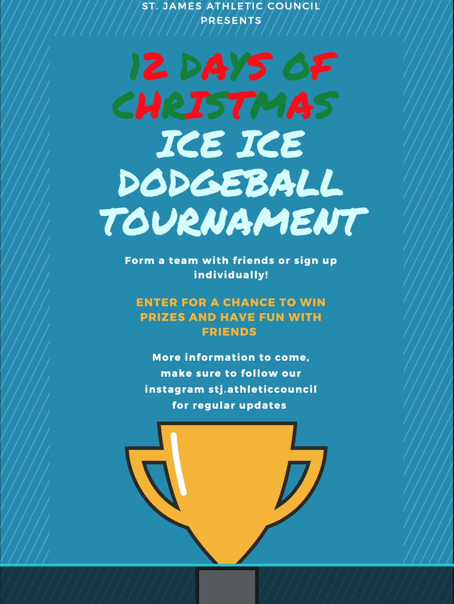 Hey Lions!! Sign up for our Ice Ice Dodgeball tournament for 12 days of Christmas!! Link is in the Atheltic Council bio, sign-ups do Friday!! 

<a href="/lionsnewstoday/">St. James CHS</a>
