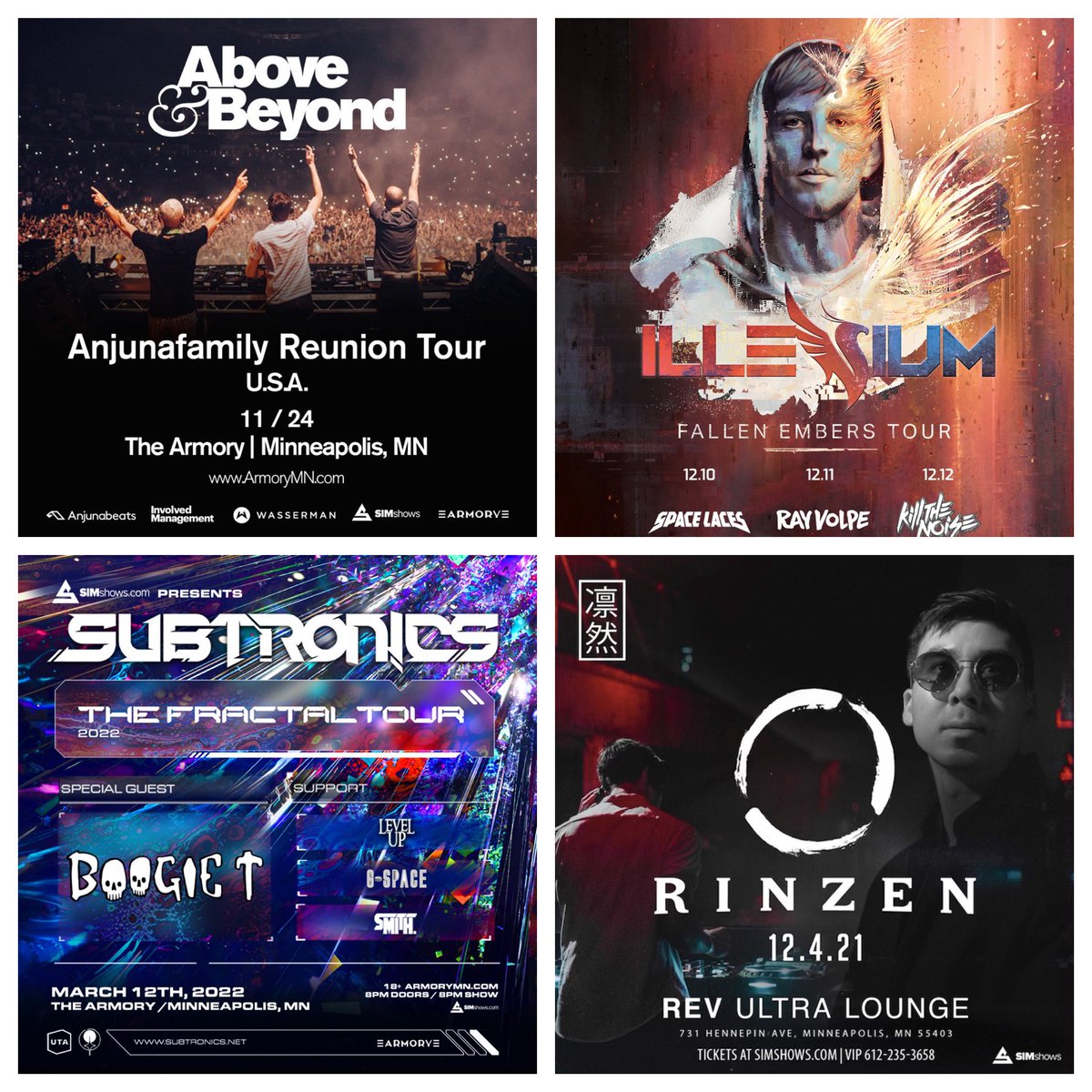 SIMshows's tweet photo. Ready for this!?!?
1 winner gets a pair of tickets to each event on this flyer:
-Above &amp; Beyond Armory
-Illenium Armory (pick 1 night)
-Rinzen REV Nightclub
-Subtronics Armory
Qualify to win:
✅*like* &amp; RT
Winner selected Wed afternoon! https://t.co/Fln85Sobq1