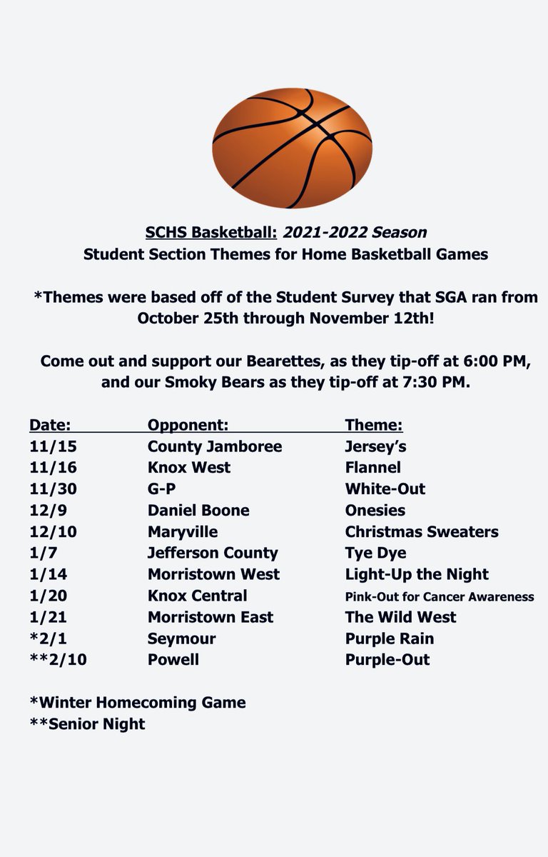 SCHS SGA (@sga_schsbears) on Twitter photo REVISED Student Section Themes for HOME Basketball Games this Season! Please come-out & support our #Bearettes & #SmokyBears 🏀🐻<a href="/BearettesSchs/">Sevier County Bearettes</a> <a href="/smokybearbball/">Sevier County Smoky Bears</a> <a href="/schs_bball/">schs_bball</a> <a href="/SCHSSmokyBears/">SCHS Smoky Bears</a> <a href="/SCHSstudentsec_/">Sevier County Students</a> <a href="/seviercostrong/">SevierCoStrong</a> <a href="/SevierCountyTF/">Sevier County Track & Field</a> <a href="/seviercobeta/">SCHS Beta</a> <a href="/SevCoHSBaseball/">Smoky Bear Baseball</a> REVISED Student Section Themes for HOME Basketball Games this Season! Please come-out & support our #Bearettes & #SmokyBears 🏀🐻<a href="/BearettesSchs/">Sevier County Bearettes</a> <a href="/smokybearbball/">Sevier County Smoky Bears</a> <a href="/schs_bball/">schs_bball</a> <a href="/SCHSSmokyBears/">SCHS Smoky Bears</a> <a href="/SCHSstudentsec_/">Sevier County Students</a> <a href="/seviercostrong/">SevierCoStrong</a> <a href="/SevierCountyTF/">Sevier County Track & Field</a> <a href="/seviercobeta/">SCHS Beta</a> <a href="/SevCoHSBaseball/">Smoky Bear Baseball</a>