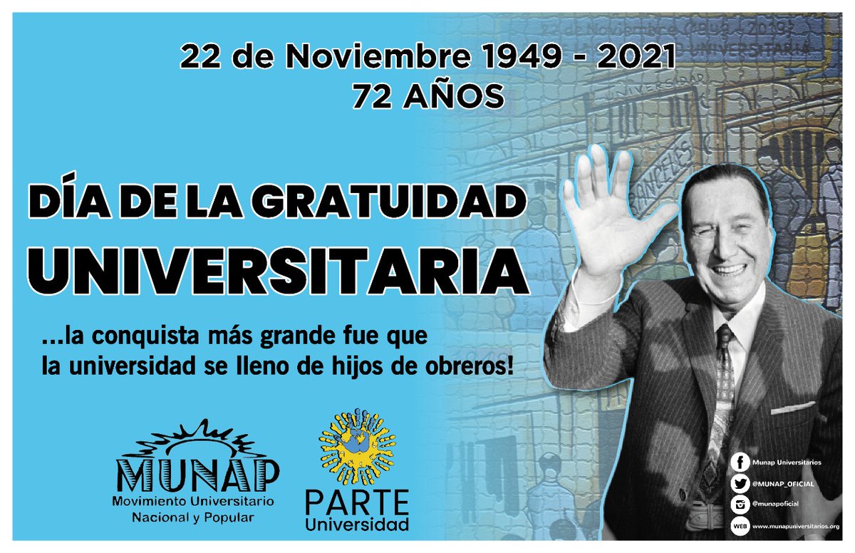 MUNAP_OFICIAL's tweet photo. 22 DE NOVIEMBRE DÍA DE LA GRATUIDAD UNIVERSITARIA 
Recordamos decreto presidencial que quitó aranceles en las universidades públicas 
Esa decisión política dio oportunidad de acceso a miles de hijos de obreros
Sigamos militando por una universidad masiva, gratuita y de calidad https://t.co/0aqao0j0tn