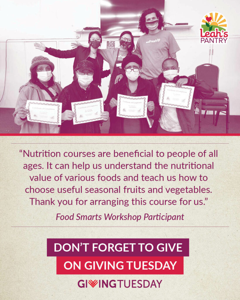 Help us continue our work delivering nutrition workshops in 2022. This year we delivered 203 nutrition education workshops reaching over 1200 participants! 

Save the date for Giving Tuesday on November 30th, 2021 and donate here facebook.com

leahspantry.org/programs-produ…