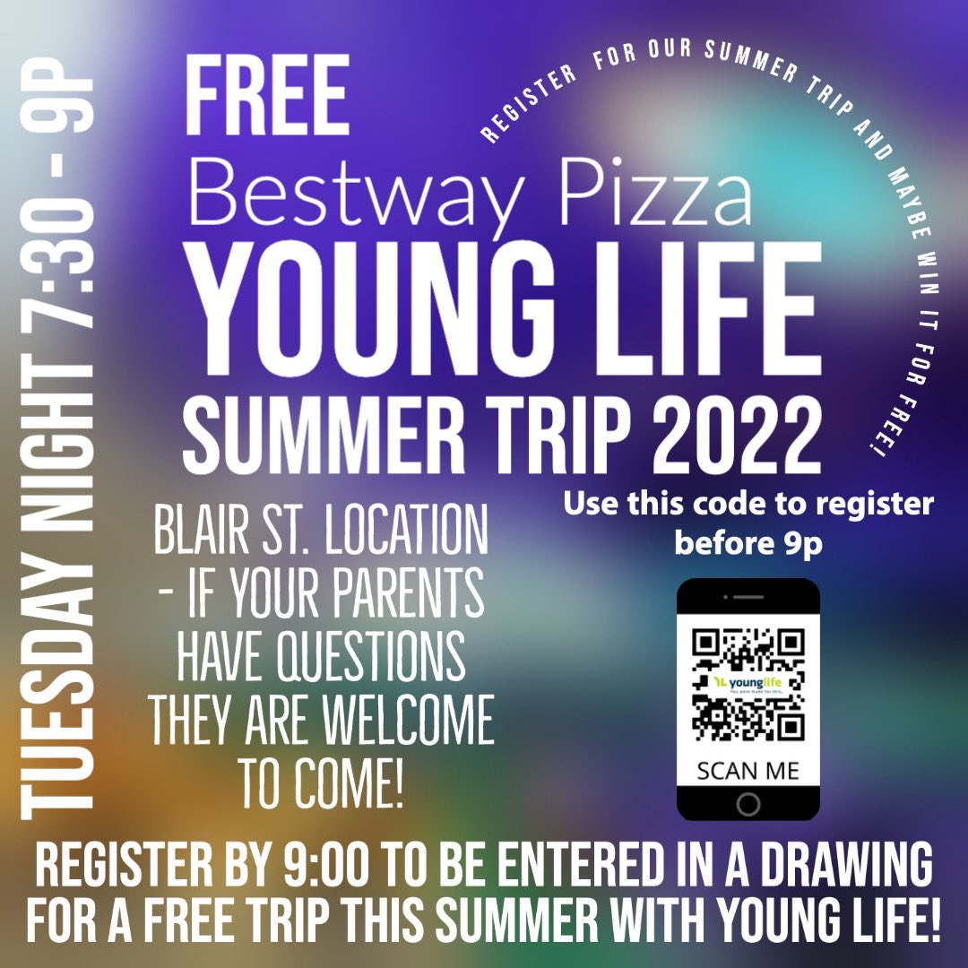 TimOBrienYL's tweet image. YL tomorrow night 7:30-9:00 @Bestway on Blair St. Summer Trip sign up is tomorrow night from 7-9:00 If you want to go, Bring your $100 deposit or bring your parents to fill out the app and if register before 9pm you will be entered to win a FREE trip. We only have 38 spots!