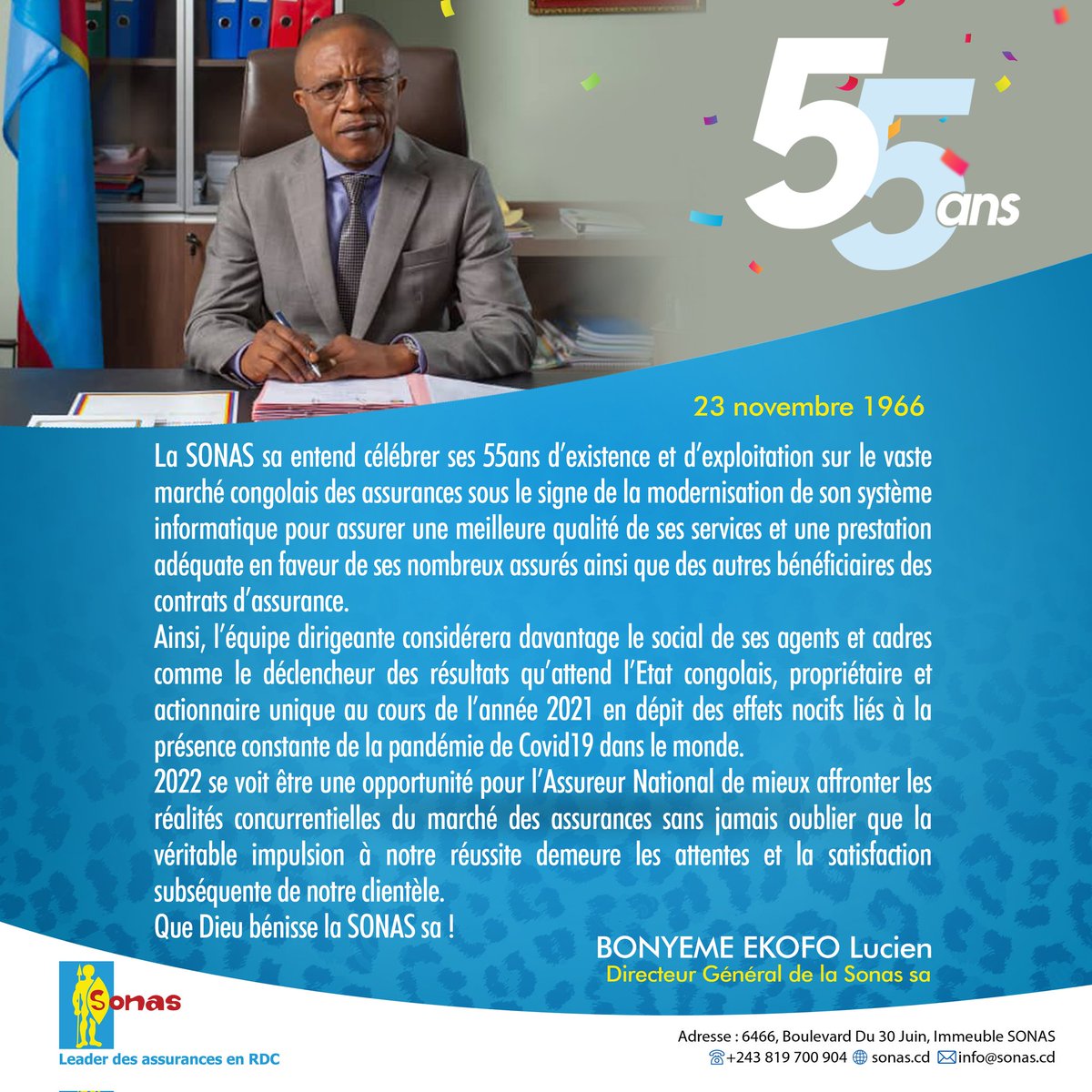 sa_sonas's tweet photo. 23 novembre 1966-23 novembre 2021, 55 années de leadership dans le secteur des assurance en #RDC.
Pour plus d'infos : https://t.co/0Z9dHdK0a2
#LeaderDesAssurances | #SonasSa https://t.co/jaJkg0JkF1