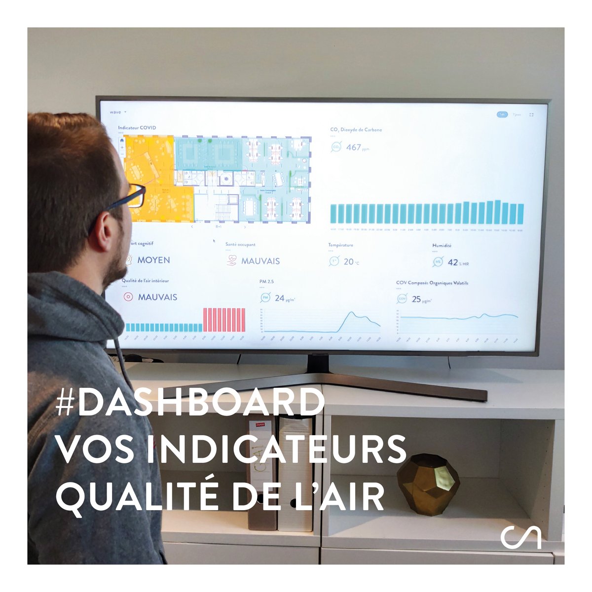 Le suivi de la qualité de l'#air intérieur en temps réel visualisable sur un #Dashboard simplifié et entièrement personnalisable. Selon vos objectifs : 
👉 Affichez votre Dashboard gestionnaire pour piloter le bâtiment ;
👉 Ou affichez un Dashboard informatif pour vos occupants ;