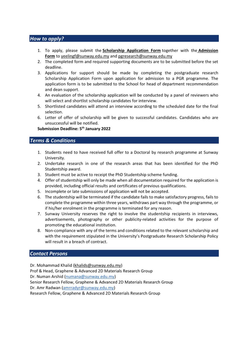 Mide_James's tweet photo. PhD Position in Sunway University 
in Graphene &amp; Advanced 2D Materials Research Group (GAMRG) in area of #Mxene #advancedmaterials #emergingmaterials #energystorage #electrochemicalstorage #batteries #machinelearning.

Contact
Prof. Dr. Mohammad Khalid (khalids@sunway.edu.my) https://t.co/Oa1CkYYc7e