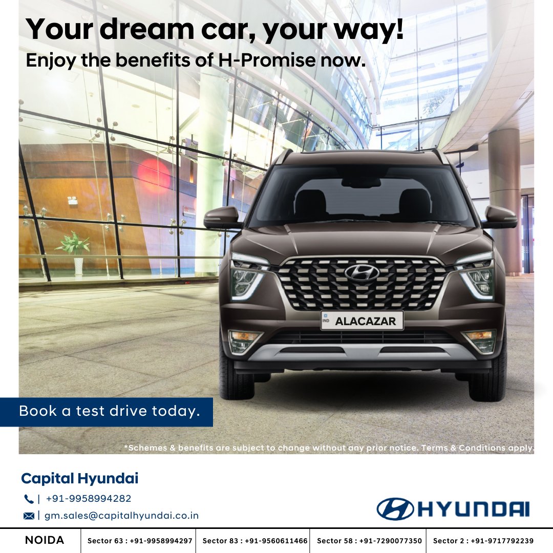 capital_hyundai's tweet photo. It’s time to treat yourself with a new Hyundai.

With the H-promise benefits, you can finally get that dream car!
Book now!
.
.
.
#CapitalHyundai #DigitalExchangeCarnival #HPromise #HyundaiNoida #HyundaiIndia #ExchangeOldCar #BuyHyundai #TestDriveHyundai #BookHyundai https://t.co/w9Xh1vdE7Y