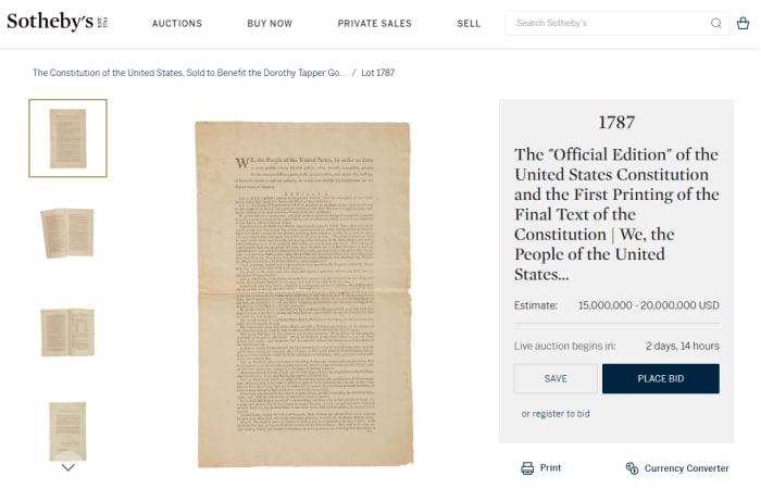 Cipholio's tweet image. 🔍#ConstitutionDAO - &quot;For the People&quot;

On Nov.19, a rare copy of the first-edition U.S. Constitution was sold for $43M to a hedge fund billionaire based in Chicago at #Sothebys, becoming one of the most expensive historical documents at auction.
