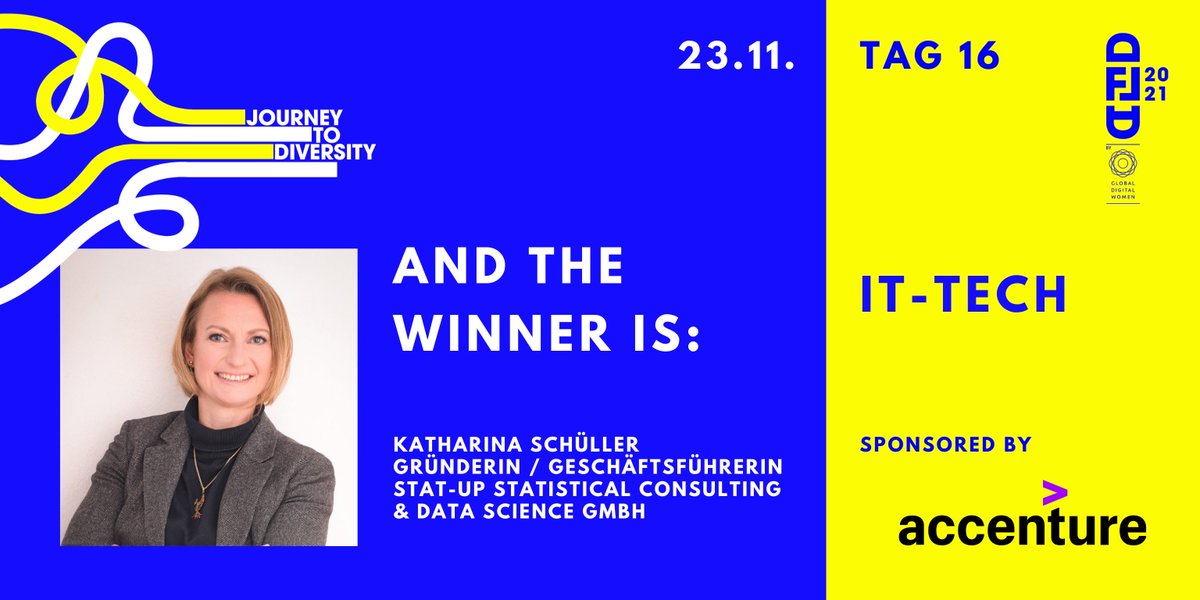 gd_women's tweet photo. And the winner is... Katharina Schüller! 🏆
Wir gratulieren dir, @schuellerstatup , ganz herzlich zum verdienten Sieg in der Kategorie IT-Tech – gesponsort von @AccentureDACH .
Mehr über Katharina und ihr Projekt erfahrt ihr bei uns auf Instagram! 📷 https://t.co/QBAn4wKlWe