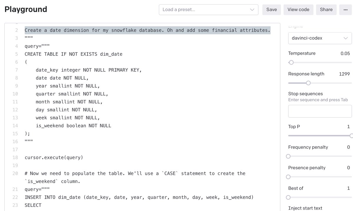Adrian_W's tweet photo. Create a date dimension for my snowflake database. Oh and add some financial attributes. GPT3 is scary smart. https://t.co/VipDr7cLWh