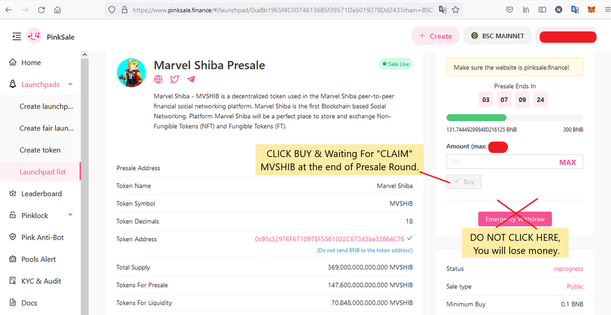 MarvelShiba's tweet photo. Now the "BUY" gate is open for all. You guys can join and take a chance before the HARD CAP Full.
Click "BUY" after seeing "in progress" in status and show how much you purchased that means you buy MVSHIB success!
Please don't push "Emergency Withdraw" or you will lose a 10% fee. https://t.co/AOze32R54o