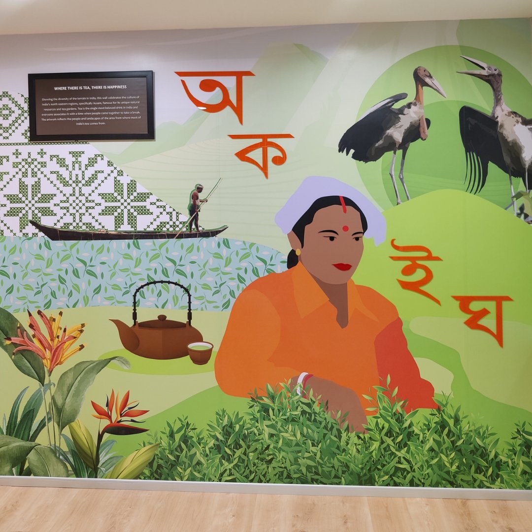 artifold's tweet photo. Nothing brings us more joy than working on murals that are inspired by #India. This particular one boasts the #CulturalHeritage of Assam where most of the country’s tea comes from. The bright colours and varied #Design elements add a vibrance to the space. 🫖🌿

#Wallpapers https://t.co/tHfwAb0kgH