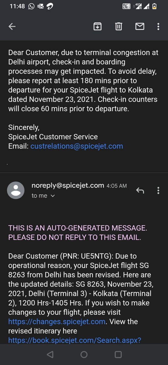 akki_2502's tweet photo. @flyspicejet You can't ask passenger to reach airport 180 mins prior &amp; inform them 150 mins prior that flight is delayed (org boarding time was 6.00am)
And this is the case with 180 others. Neither we're able to go back, nor stay at the airport.
Here are screenshots with ttime stamps (1/2) https://t.co/6xhD0ozHeU