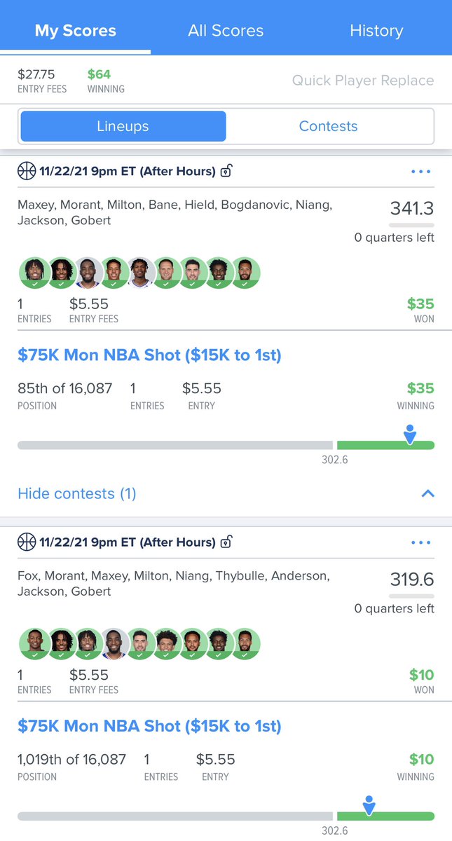 PerfectPicksDFS's tweet image. After a waste of an #NFL showdown slate, beside the fact the 150 maxers lost big paying massive entry fees for a $100 win at best, we had a great late #NBA slate! Came in 85th of 16,087, just tough bc if we had Thybulle, like we did in every other line, we takedown the slate🤷🏻♂️!