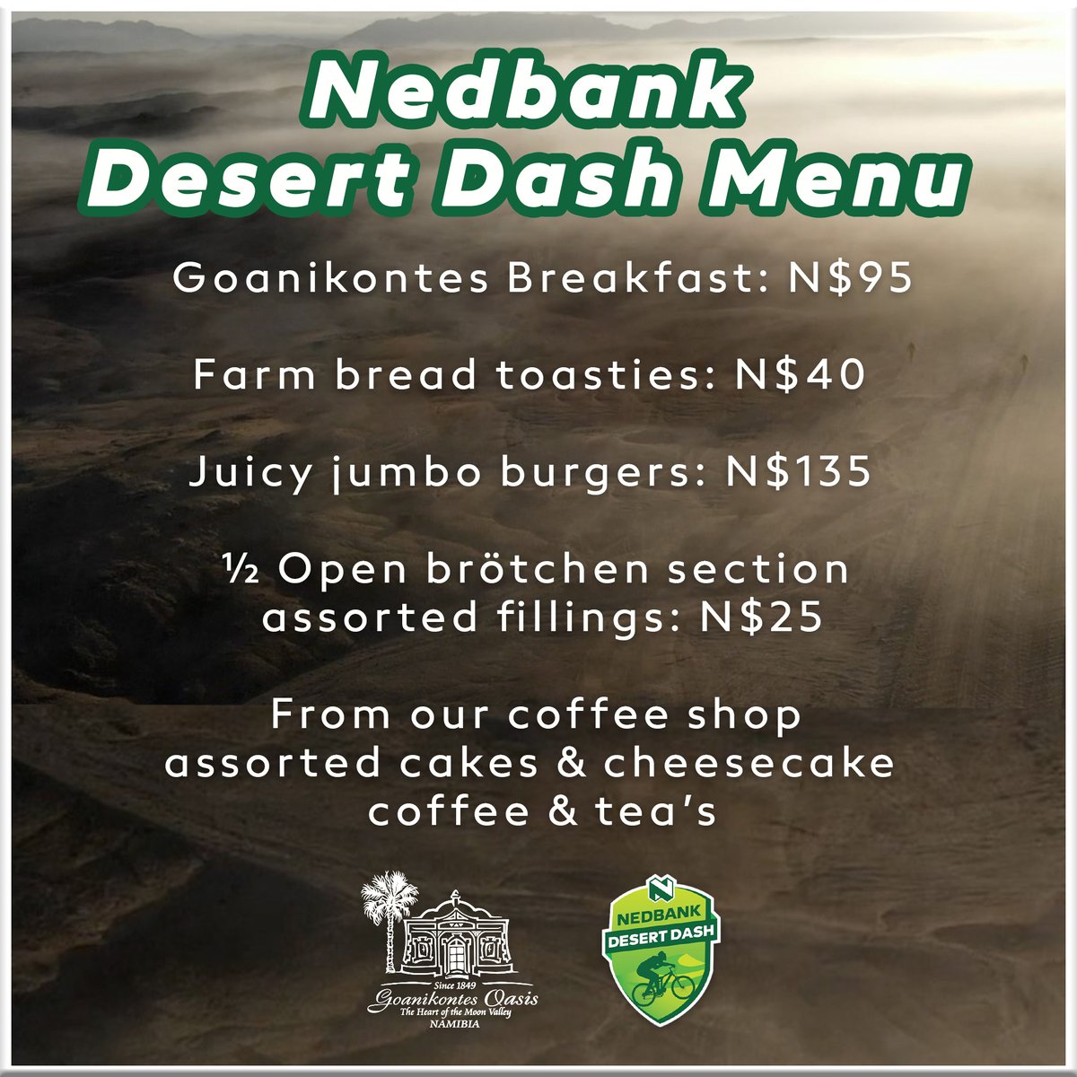Hi all Dashers

As most of you know the last checkpoint is at Goanikontes. Please note that we encourage you to support our partners – buy your breakfast and drinks and other snacks there, no need to bring everything along.

Use of their showers cost N$ 20.