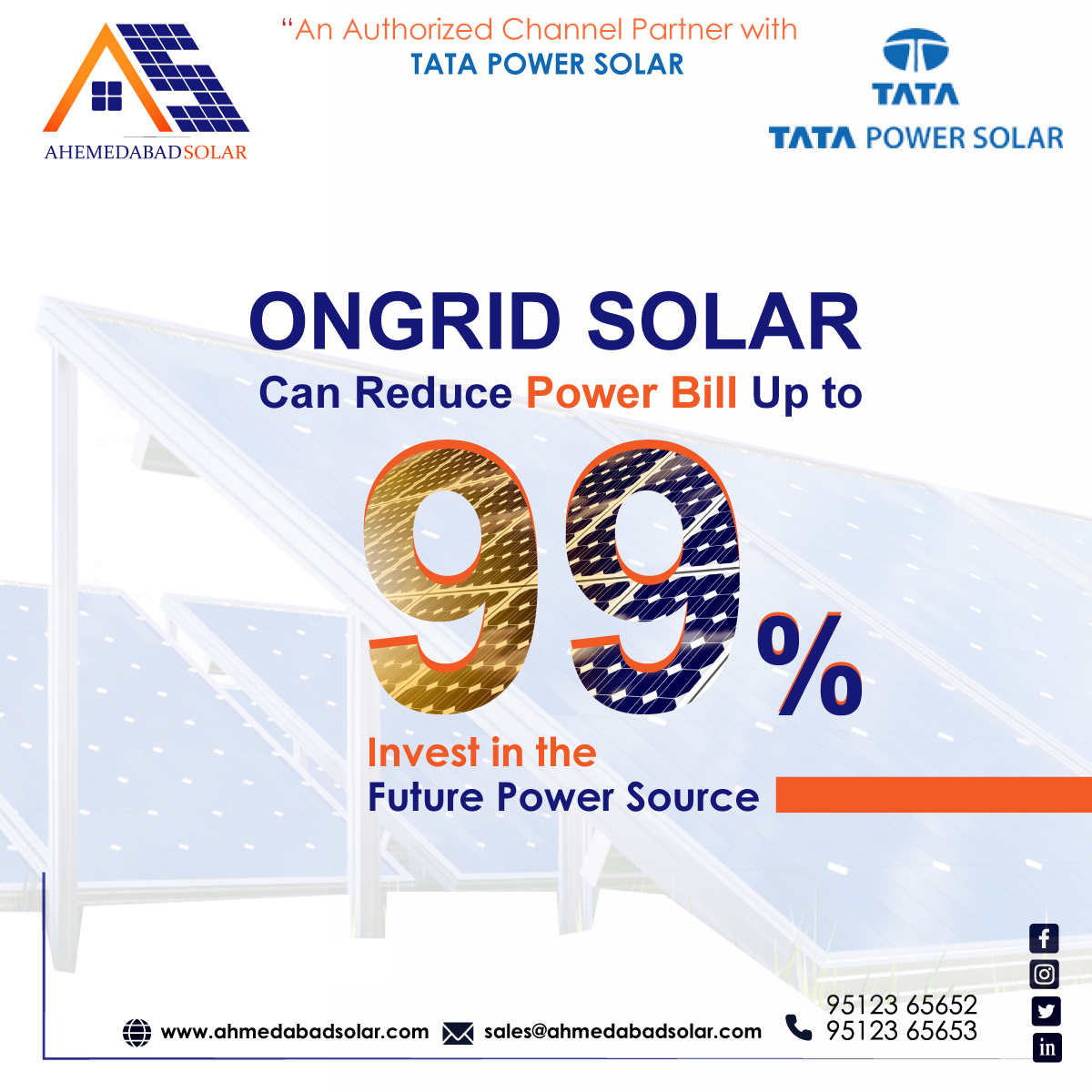 ahmedabad_solar's tweet photo. " #ONGRIDSOLAR " - Can Reduce #Power Bill Up to  99% 
Investing in the #FuturePowerSource : #SolarEnergy☀️ 

🌐https://t.co/zVOkdazEoL

#AhmedabadSolar #Ongrid #Offgrid #GreenEnergy #RenewableEnergy #SolarEnergy #SolarRooftopProvider #solarinstallation #Tata  #TataPowerSolar https://t.co/nhBTZmMxsm