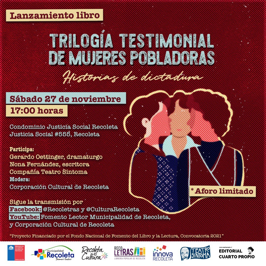 Este sábado lanzamos el libro #TrilogíaTestimonial 🔥 Transmisión por las redes de <a href="/CulturaRecoleta/">Cultura Recoleta</a>