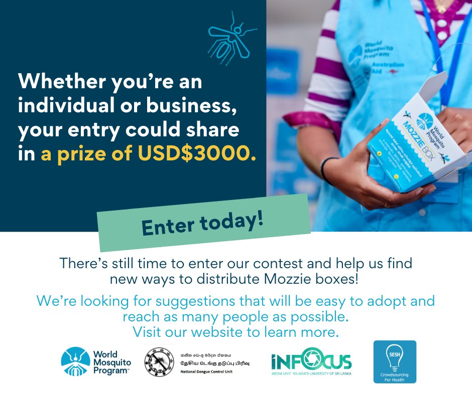 MosquitoProgram's tweet photo. There’s still time to enter our contest and help us find new ways to distribute #Mozzie boxes! We’re looking for suggestions that will be easy to adopt and reach as many people as possible. Enter today at
https://t.co/8QnJDNtx5U
#ReleasingHope #opencall2021 https://t.co/F9FDSlZg2a