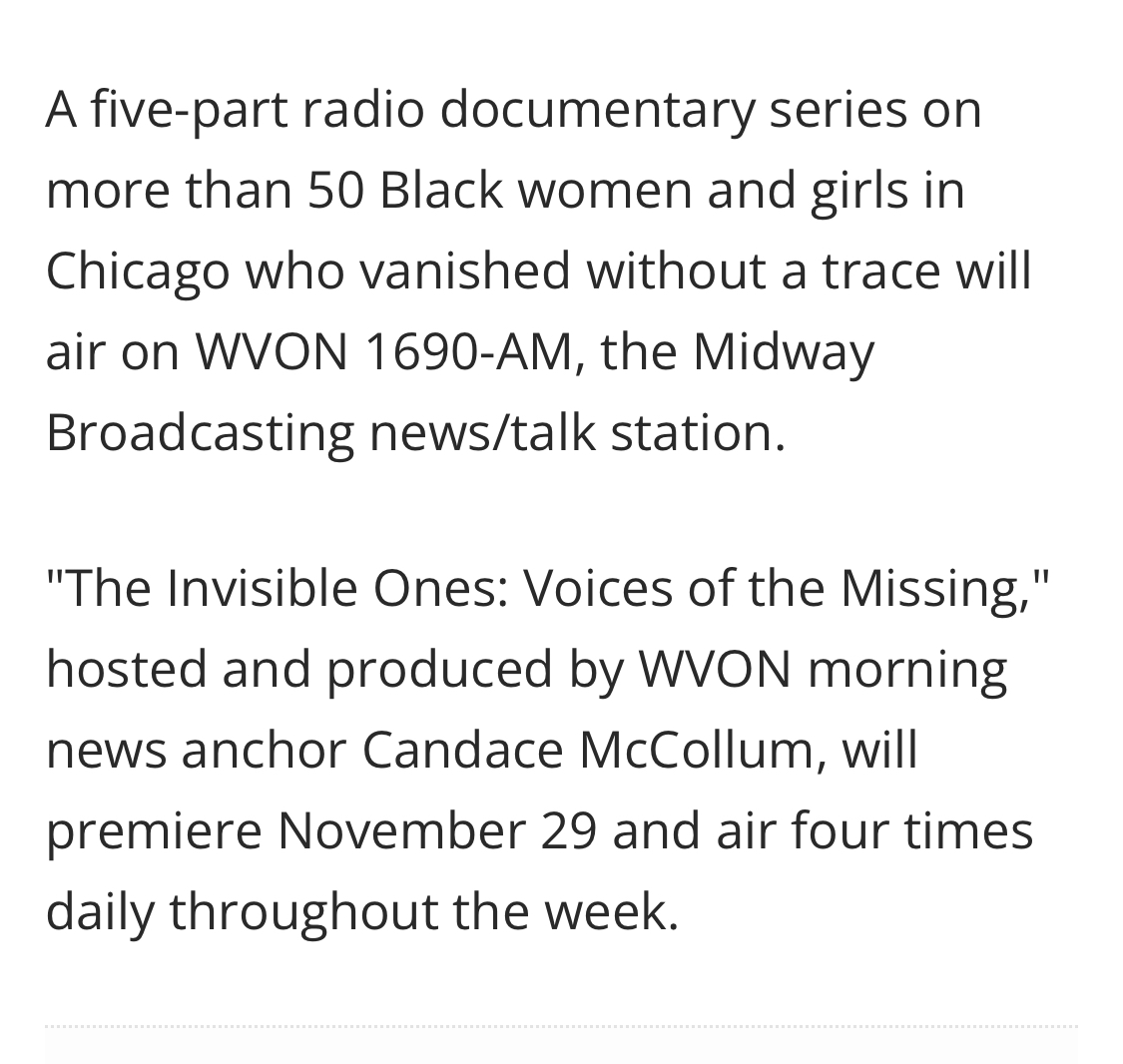 GirlsLikeMeProj's tweet photo. @WVON1690  Will be airing a 5-part radio series about missing Black girls &amp; women from the Chicago area.
 "The Invisible Ones: Voices of the Missing," will air 4 times weekly starting November 29th.
#GLMPInews
#wvon
#protectblackgirls
#blackandmissing
#voicesofthemissing
#GLMPI https://t.co/uJhMX6IUBp