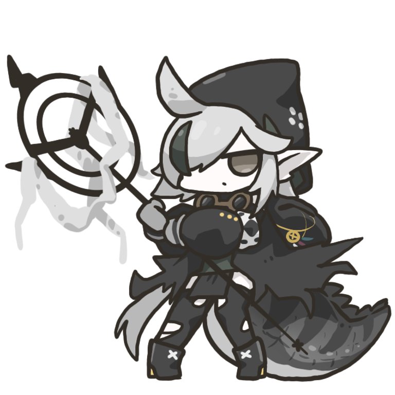 tomimi (arknights) 1girl solo crocodilian tail tail chibi grey hair white background  illustration images