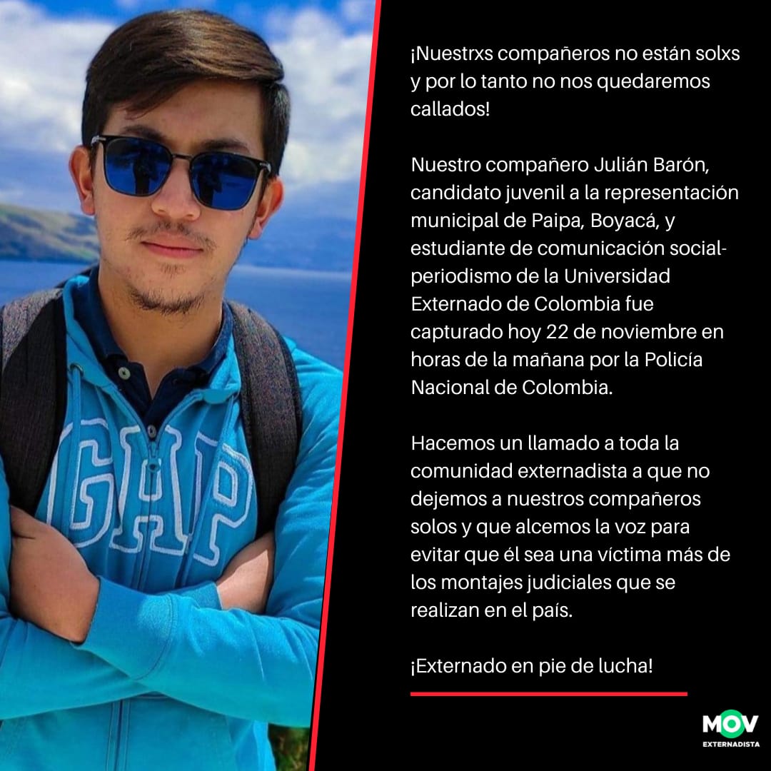 MovimientoExte1's tweet photo. Nosotros/as estuvimos en las calles alzando la voz por todos los jóvenes que buscan mejores oportunidades, hoy, apoyamos a nuestro compañero Julián y hacemos un llamado para hacernos escuchar, para que él tenga un debido proceso y su situación sea resuelta lo más pronto posible. https://t.co/Skr8aytklY