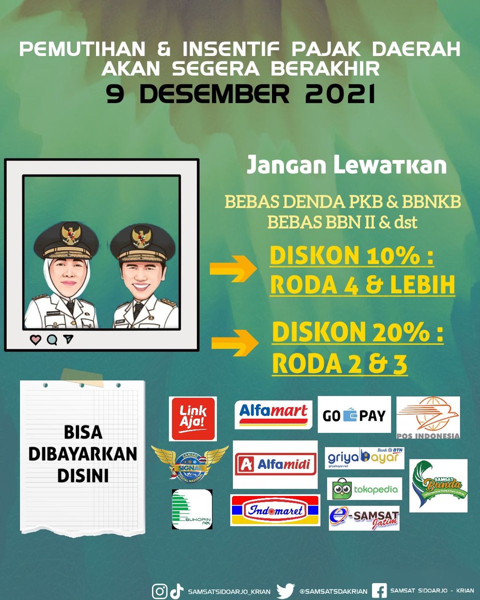 Pemutihan akan segera berakhir, jangan lewatkan diskon &amp; bebas denda.

Bayar pajak kendaraan sekarang nggak harus ke samsat, bisa di tempat berikut.
AYO SEGERA BAYARKAN PAJAKMU!! 😄