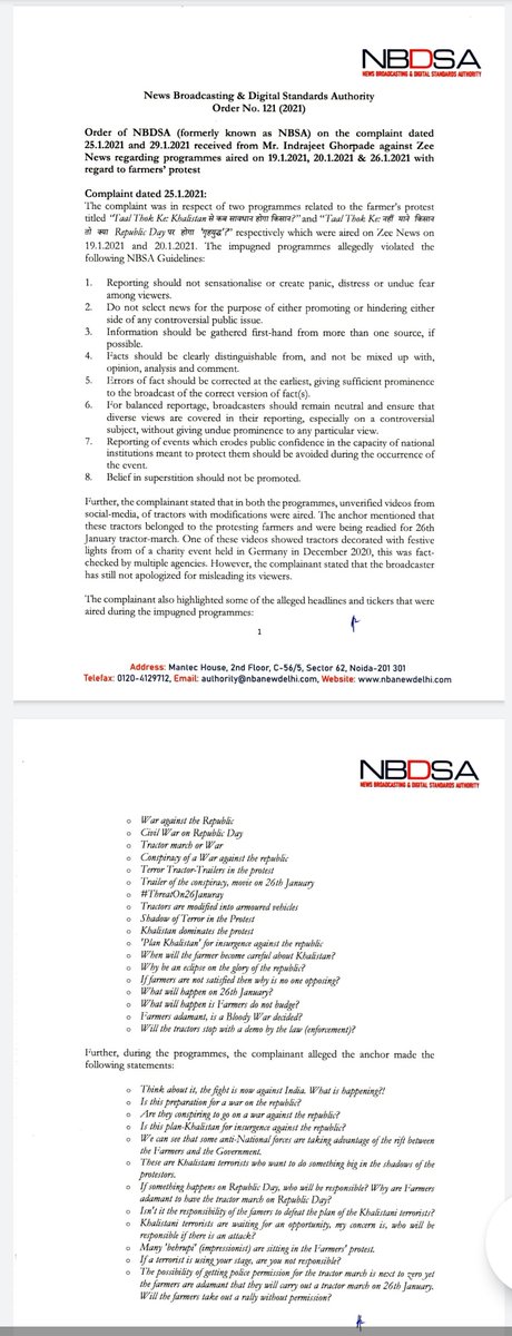 LiveLawIndia's tweet photo. News Broadcasting and Digital Standards Authority (NBDSA) finds that #ZeeNews violated code of ethics in three videos by linking #FarmersProtests to Khalistanis &amp; by falsely reporting that Indian flag was removed from Red Fort. NBDSA asks the videos to be taken down.

#Farmers https://t.co/TJiYbuQAHb
