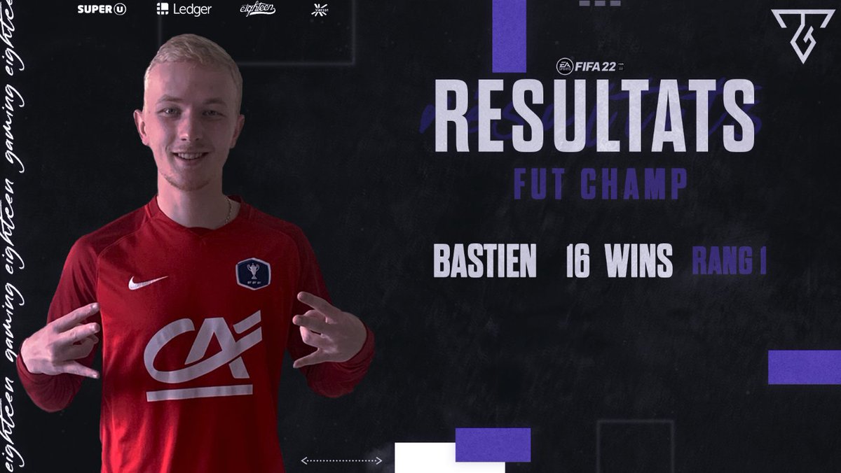 RÉSULTAT 🚨

On a les résultats du #FUTCHAMPS #FIFA22 de Bastien! ⚽️

Il continue sur sa lignée de 16 wins - rang 1! 🔥

Quel exemple de régularité! 👏

Félicitation à toi! 💜