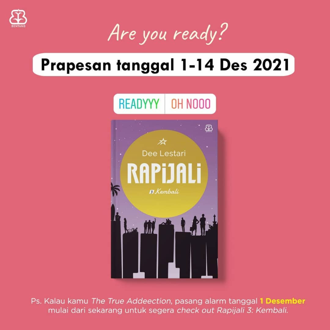 mizanstore's tweet photo. Seminggu lagi menuju terbitnya Rapijali 3 🥳
Siapkan diri kalian karena mulai tanggal 1 hingga 14 Desember 2021 udah bisa pre order Rapijali 3 edisi cetak! Who is excited?
#Rapijali #DeeLestari #Rapijali3 #Rapijali1Mencari #Rapijali2Menjadi #Rapijali3Kembali #SerialRapijali https://t.co/KScq5ATdDe