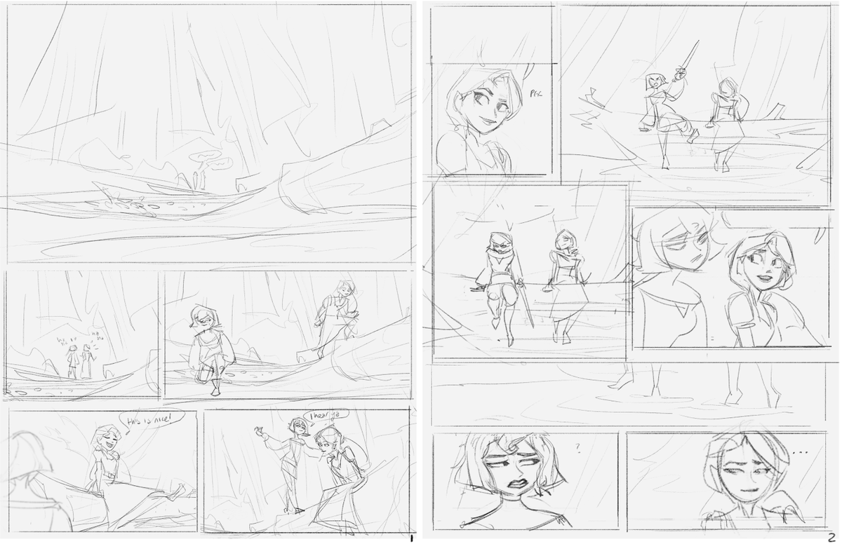 Very first roughs for the tangled comic Conversation! Gosh it feels so near yet so far away. End page was originally different- running through the woods rather than the impromptu swim- and the Sad Blue Page was a later addition