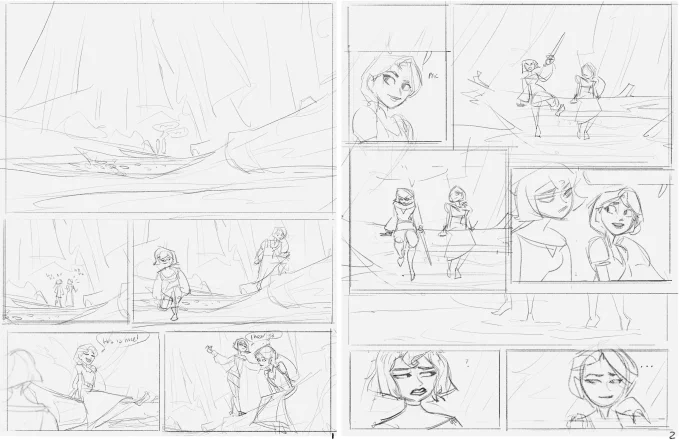 Very first roughs for the tangled comic Conversation! Gosh it feels so near yet so far away. End page was originally different- running through the woods rather than the impromptu swim- and the Sad Blue Page was a later addition 