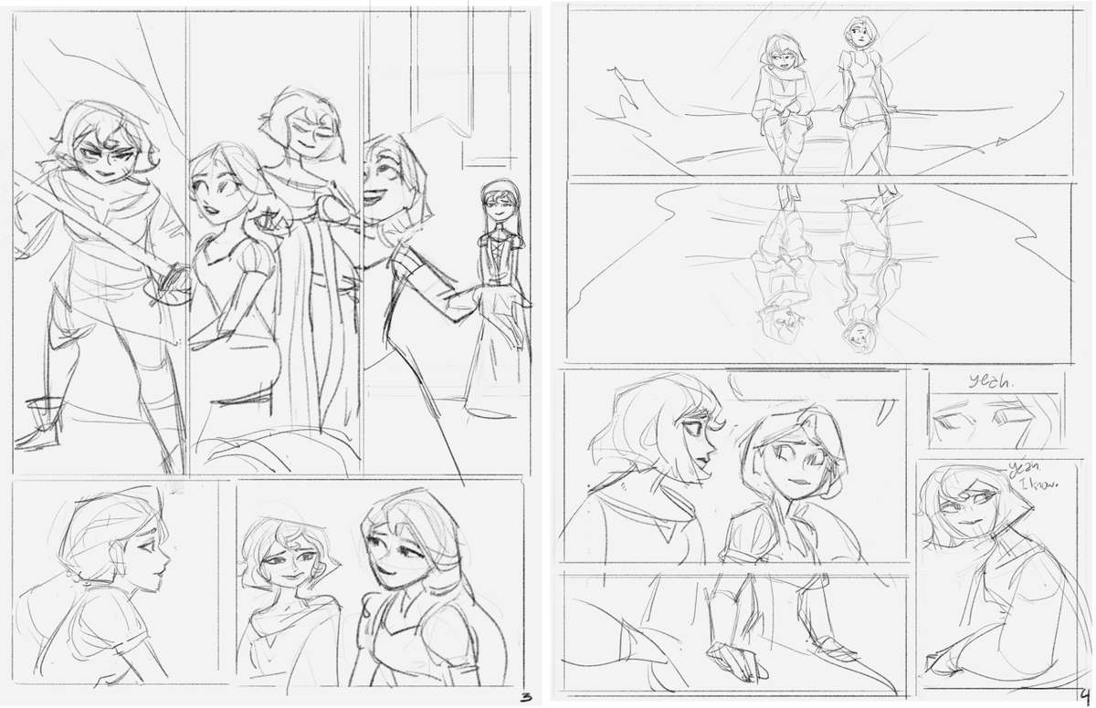 Very first roughs for the tangled comic Conversation! Gosh it feels so near yet so far away. End page was originally different- running through the woods rather than the impromptu swim- and the Sad Blue Page was a later addition