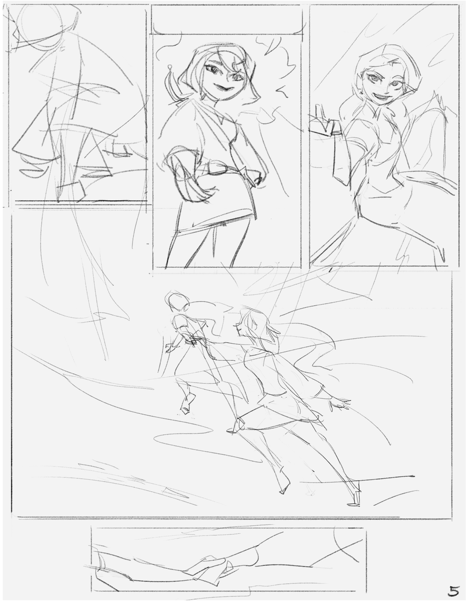 Very first roughs for the tangled comic Conversation! Gosh it feels so near yet so far away. End page was originally different- running through the woods rather than the impromptu swim- and the Sad Blue Page was a later addition