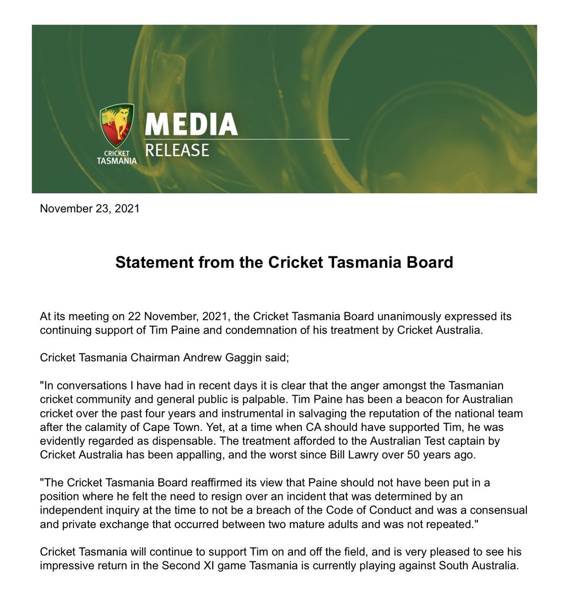 #BREAKING: Explosive statement from <a href="/crickettas/">Cricket Tasmania</a>, taking aim at <a href="/CricketAus/">Cricket Australia</a> and its treatment of Tim Paine.

“At a time when CA should have supported Tim, he was evidently regarded as dispensable. The treatment afforded to the Australian Test captain by CA has been appalling.”