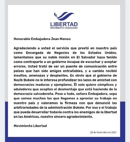 Comunicado Movimiento Libertad 

<a href="/USAmbSV/">Jefe de Misión de la Embajada de EE.UU. en E.S.</a> <a href="/USEmbassySV/">Embajada EEUU en ES</a>