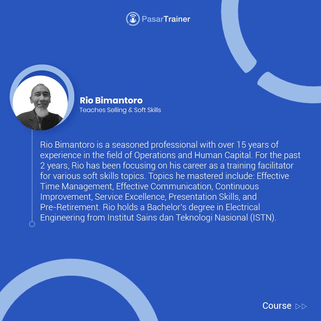 PasarTrainer's tweet image. Meet Our Trainer: Rio Bimantoro

Find what he teaches at PasarTrainer: bit.ly/PTA_riobimanto…

#pasartrainer #trainerprofile  #trainingmarketplace #hrtraining