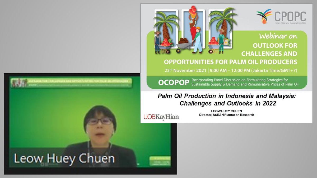 CPOPC_NET's tweet photo. Now Live #OCOPOP.
Ms. Leow Huey Chuen UOB Kay Hian Securities (M) Sdn Bhd viewed that are three main challenges for 🌴production going into the 1st half of 2022: Upkeeping the field to maintain and increase production, acute workers shortage, and a spike in fertilizer prices. https://t.co/iYubQqcq36