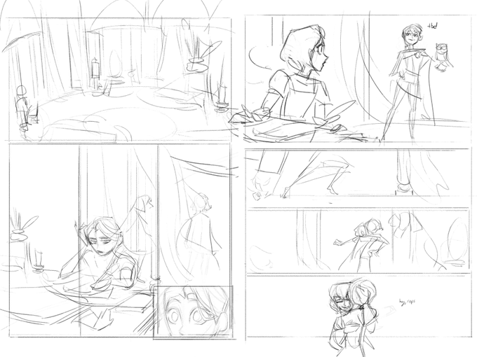 Roughs for Reunion. Obviously COMPLETELY ran out of steam halfway through lmao, did more detailed sketches panel-by-panel when I got to them later I think 