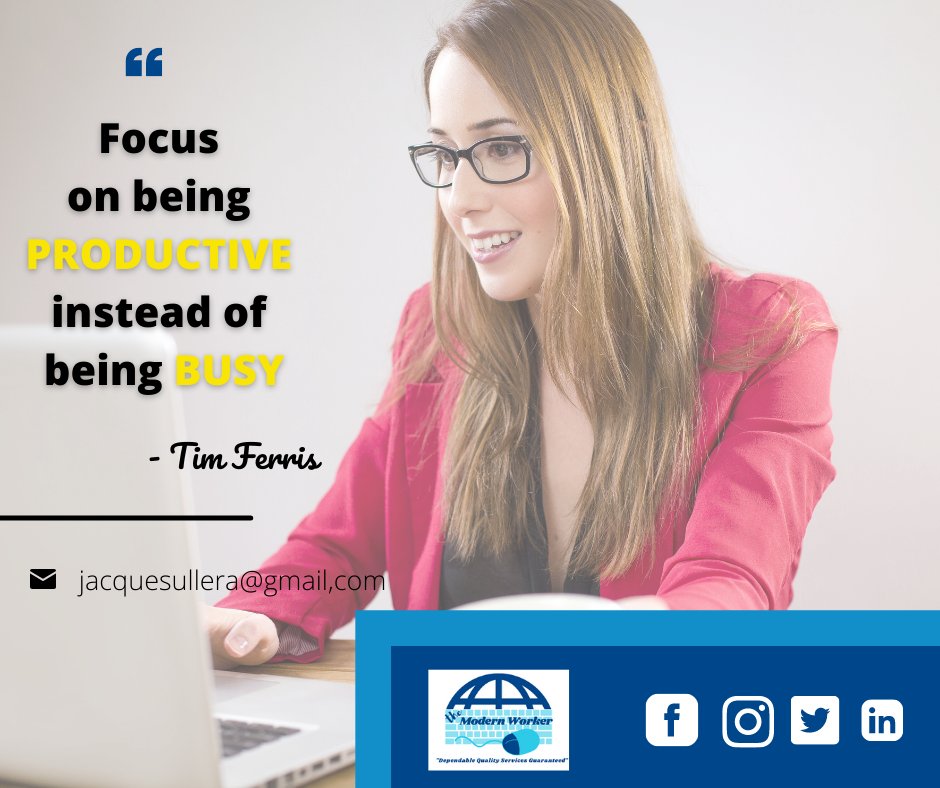 If you think your business is suffering from the effects of your lack of productivity, hiring a virtual assistant could be beneficial.  Now is the time to hire one!

Hire me now! I can deliver quality services.
E-mail me at jacquesullera@gmail.com

#dependableva #beproductive