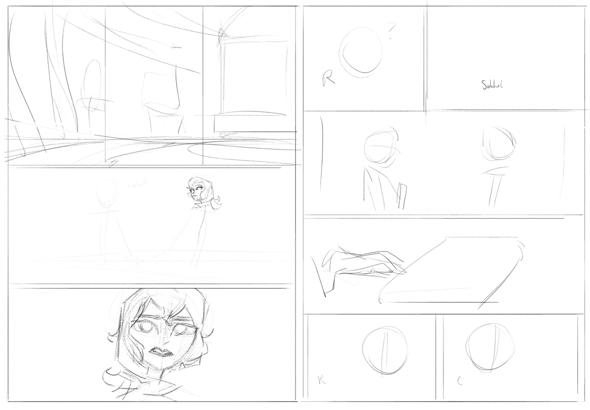 Roughs for Reunion. Obviously COMPLETELY ran out of steam halfway through lmao, did more detailed sketches panel-by-panel when I got to them later I think