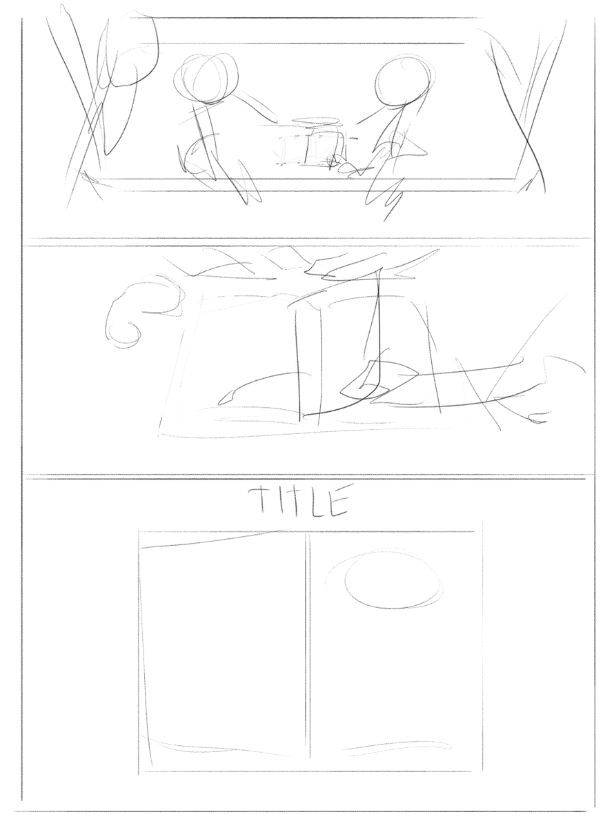 Roughs for Reunion. Obviously COMPLETELY ran out of steam halfway through lmao, did more detailed sketches panel-by-panel when I got to them later I think