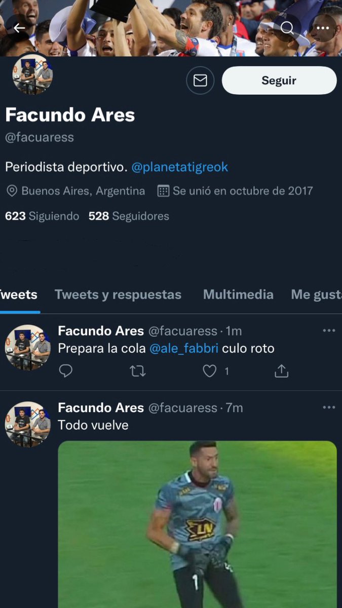 Zufriategui2021's tweet photo. Periodista? Jajajaja 

Sos terrible nabo @facuaress. Anda a festejar y salí de Twitter gatito culo goloso. https://t.co/KwQuAvrZ0T