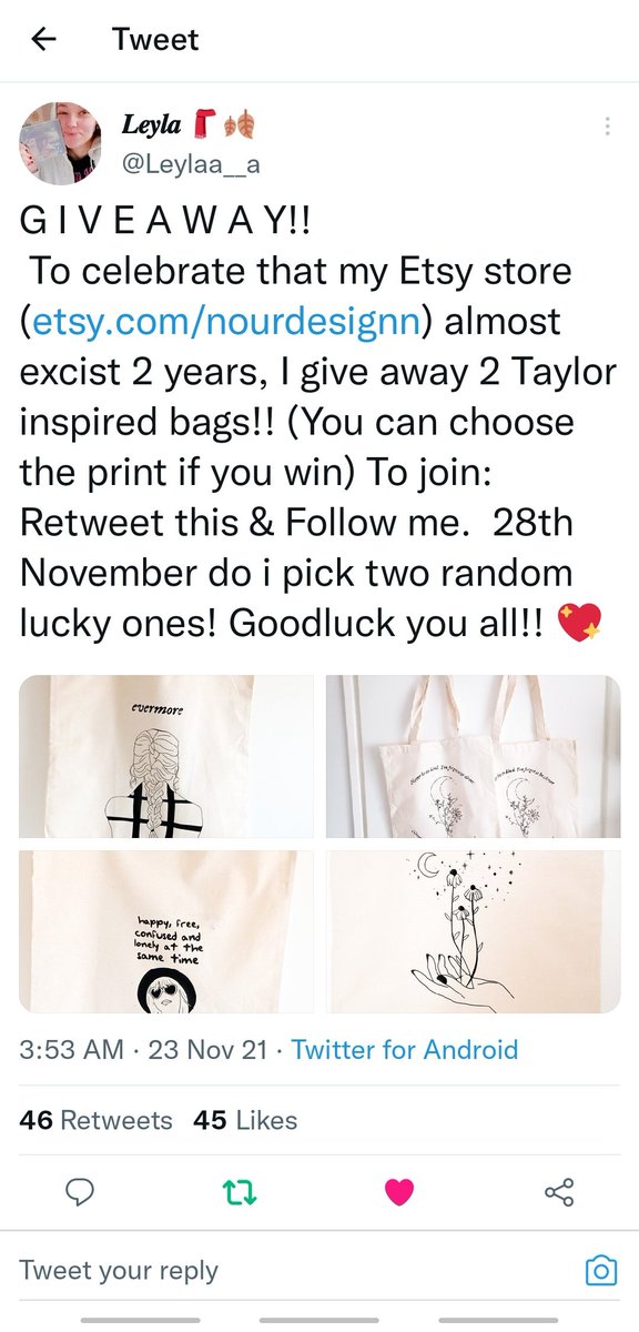 imyourpeace13's tweet photo. @Leylaa__a Thank you for this giveaway. Your works are amazing and beautiful! Done all the mechanics. Manifesting  and good luck to your shop! Keep safe and stream #RedTaylorsVersion ❤🧣🍁 https://t.co/3kuZwyVkXZ