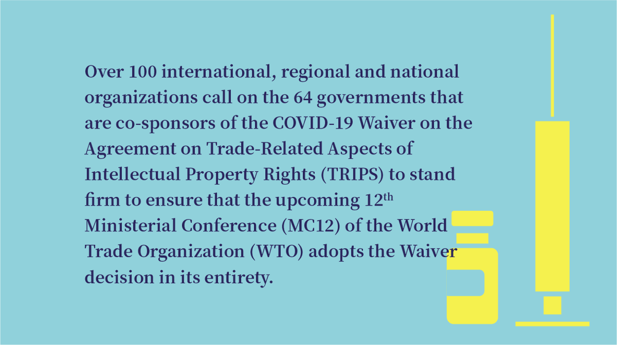 TWN_Health's tweet photo. The #Fem4PeoplesVaccine partner organizations &amp; supporters oppose the stealth moves taking place at the @WTO against the #TRIPSWaiver.

We URGE sponsors, co-sponsors &amp; supporter countries of the proposal to stand firm and be relentless. 
#MC12 

https://t.co/Q7k8sw7mSP https://t.co/QlJs1owlXR