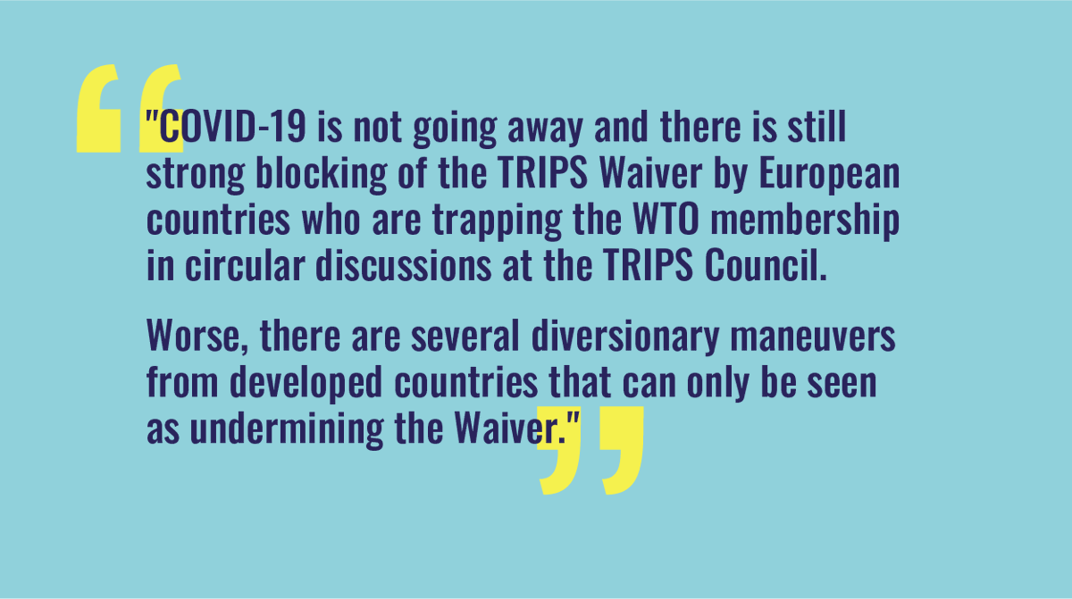 TWN_Health's tweet photo. The #Fem4PeoplesVaccine partner organizations &amp; supporters oppose the stealth moves taking place at the @WTO against the #TRIPSWaiver.

We URGE sponsors, co-sponsors &amp; supporter countries of the proposal to stand firm and be relentless. 
#MC12 

https://t.co/Q7k8sw7mSP https://t.co/QlJs1owlXR