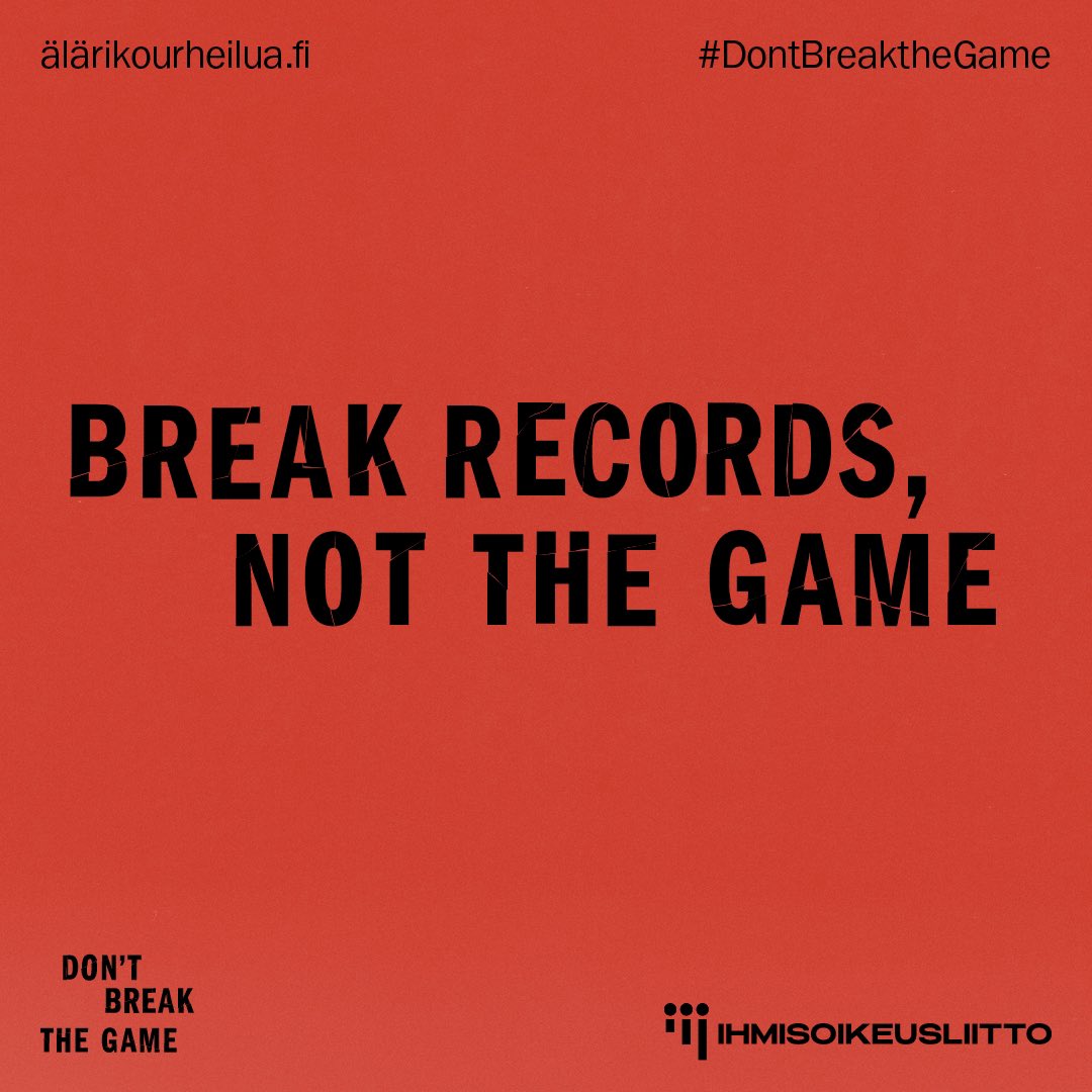 “In addition to personal and world records, we also need to break the silence and prejudice in the world of sport.” 

An important campaign by @ihmisoikeus with famous Finnish athletes, sport federations & organisations + many more.

#DontBreaktheGame 

🔗 alarikourheilua.fi/en/