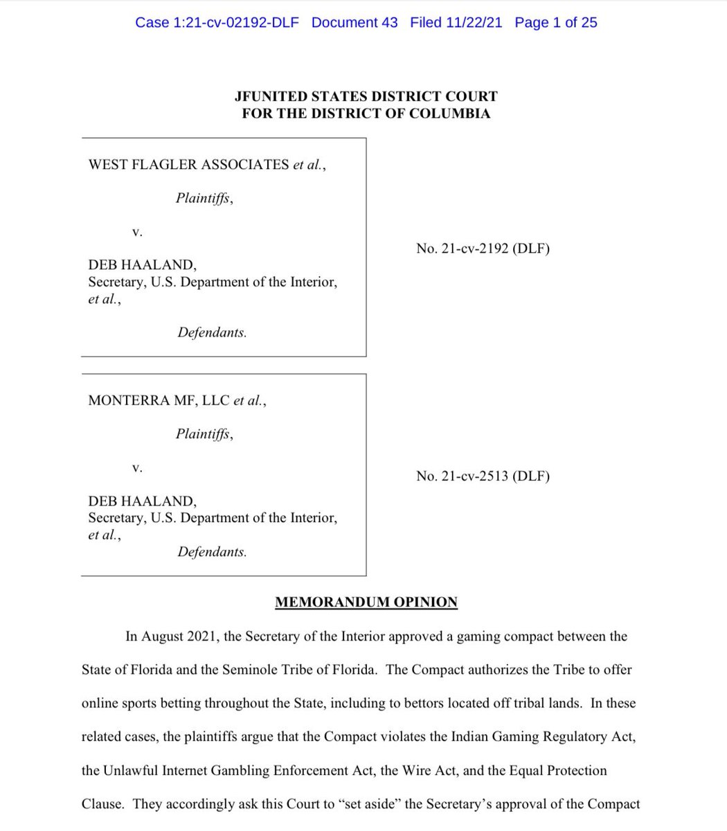 PrograsiveXPlus's tweet photo. BREAKING: DC federal judge rules that Florida sports betting compact violates IGRA, grants summary judgment to West Flagler, and vacates the compact in its entirety. https://t.co/JRS0xRk8pV