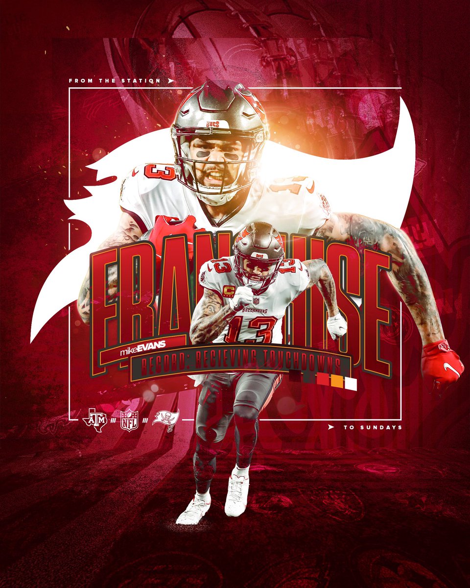 AggieFootball's tweet photo. 🐐 @MikeEvans13_ 🐐

Congrats to the @Buccaneers new franchise record-holder for receiving touchdowns! #NFLAggies https://t.co/cJCrlUOjkm