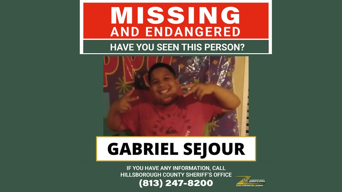 HCSOSheriff's tweet photo. 🚨 MISSING, ENDANGERED JUVENILE 🚨

HCSO is requesting the public's assistance in locating a missing and endangered juvenile.

Gabriel Sejour, 10, was last seen at his home in the 8000 block of Gibsonton Drive in Gibsonton at approximately 11 a.m. on November 22, 2021. https://t.co/i6ohW83Gaw