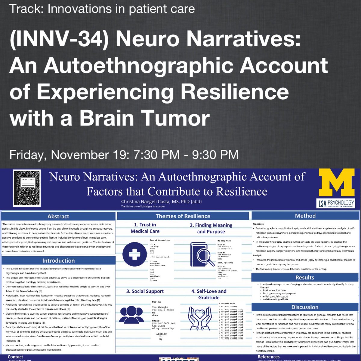 YoshieUmemura's tweet photo. ever heard of autoethnography? last week’s @NeuroOnc #SNO2021 wasn’t just about basic science and clinical trials. see this #poster on resilience structure from brilliant @NaegeliCosta MS PhD (abd) @umichgradschool #BTSM https://t.co/2KvcCd3rRF